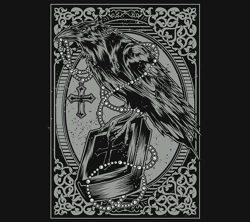 Crow Black, bible, darkness, desenho, drawing, fear, rosary, HD wallpaper