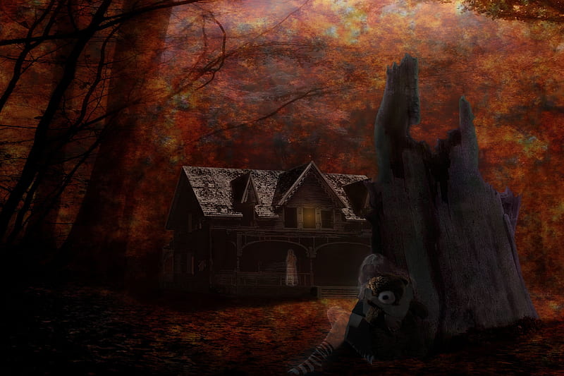 Spooky Night, forest, teddybear, autumn, house, ghost, trees, HD wallpaper