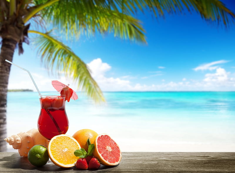 Cocktail and tropical fruits on the beach, Sea, Palm, Table, Fruits, beach, HD wallpaper