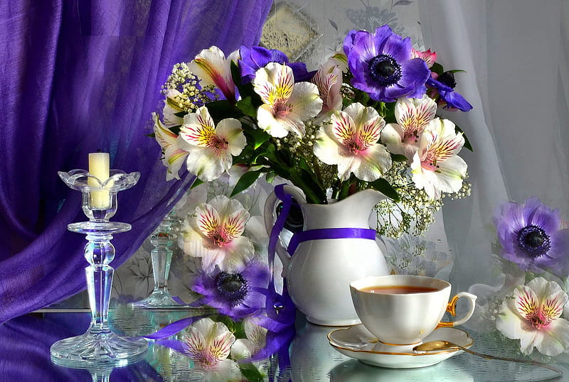Tea time, candle, pretty, lovely, time, vase, bonito, spring, tea, still life, coffee, bouquet, flowers, HD wallpaper
