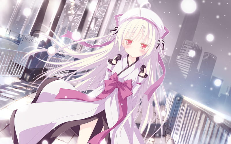 White Snow, flow, cg, blush, breeze, adorable, magic, anime, blowing, beauty, anime girl, ribbon, town, gown, wind, winter, cute, snow, agic, windy, awesome, blushing, white, scenic, dress, bonito, city, scenery, female, spendid, soft, kawaii, girl, flowing, silver hair, scene, HD wallpaper