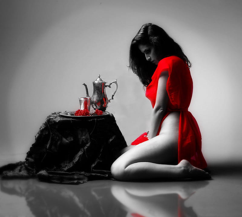 Lady in Red, table, red, dress, floor, hot, cherries, mirror, lady, HD wallpaper