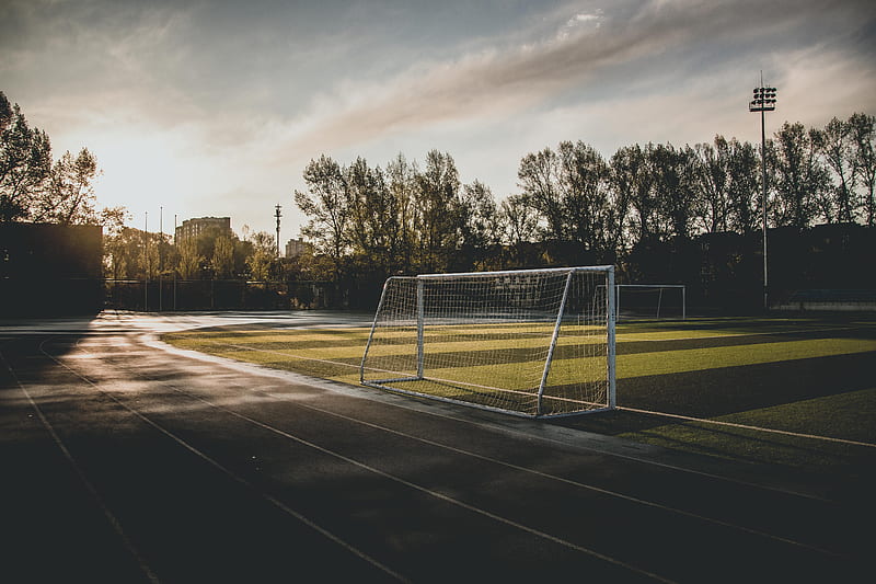 goal, soccer field, scenic, sunlight, esports, HD wallpaper