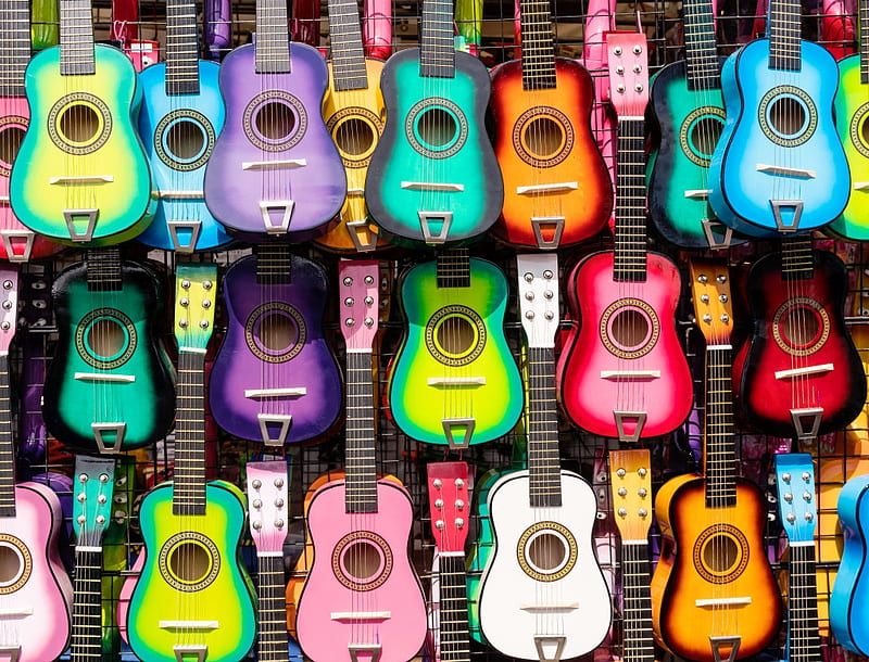 Colorful guitars, green, guitar, texture, summer, skin, pink, blue, colorful, instrument, vara, HD wallpaper