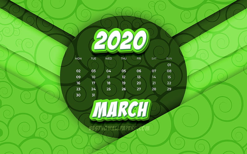 March 2020 Calendar comic 3D art, 2020 calendar, spring calendars, March 2020, creative, floral patterns, March 2020 calendar with ornaments, Calendar March 2020, green background, 2020 calendars, HD wallpaper