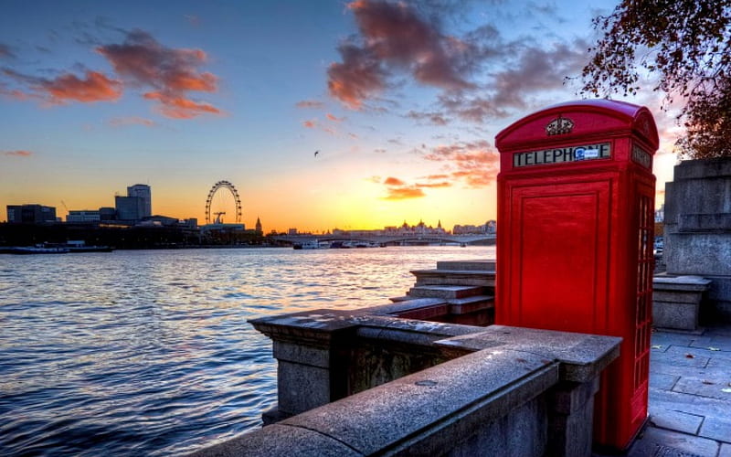 TELEPHONE BOOTH, telephone, ferry wheel, sunset, booth, clouds, builiding, HD wallpaper