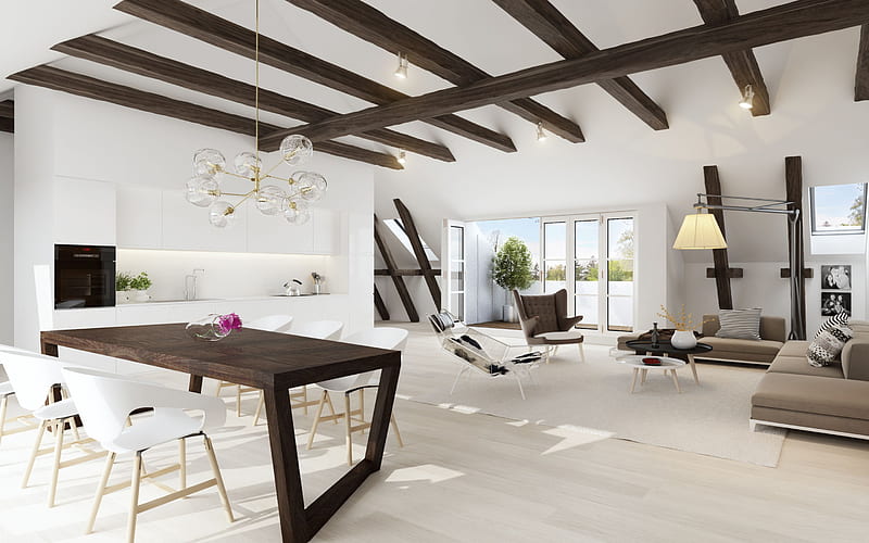 living room, modern interior design, minimalism, stylish living room design, white walls, white living room, wooden beams on the ceiling, country house, HD wallpaper