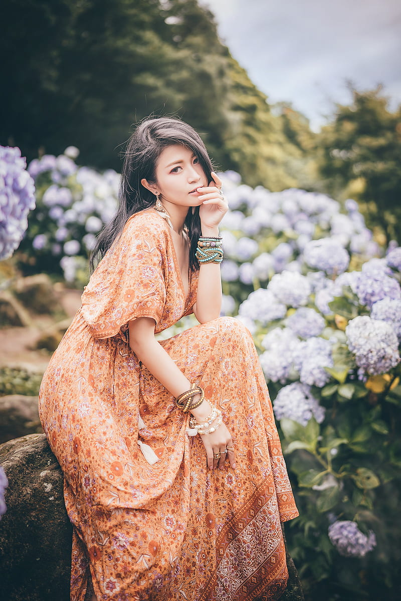 Asian, model, dark hair, women outdoors, flowers, plants, women, HD phone wallpaper