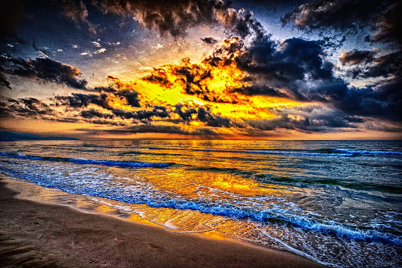 Sunset Serenade, ocean, sunset, waves, ocean waves, sky, clouds, sea, beach, sand, splendor, ocean view, nature, sea view, HD wallpaper