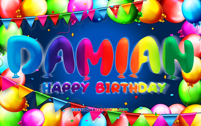 Happy Birtay Damian colorful balloon frame, Damian name, blue background, Damian Happy Birtay, Damian Birtay, popular german male names, Birtay concept, Damian, HD wallpaper