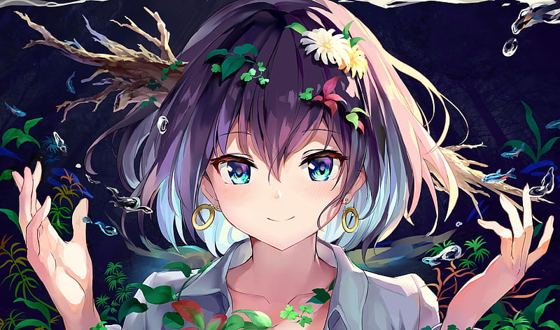 anime girl, short hair, shirt, earrings, blue eyes, flowers, Anime, HD wallpaper