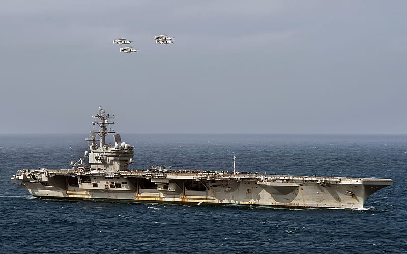 aircraft carrier, USS Ronald Reagan, CVN 76, Four E-2C Hawkeyes, US Navy, USA, HD wallpaper