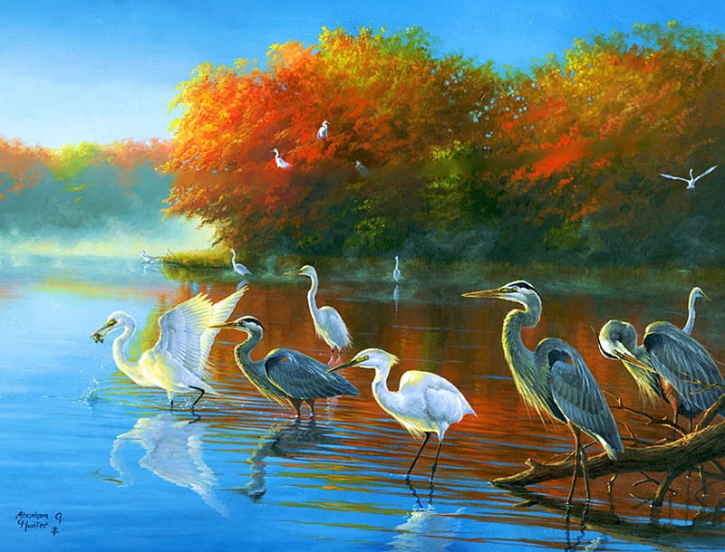 Herons at Fall, fall, painting, birds, colors, reflection, artwork, herons, HD wallpaper