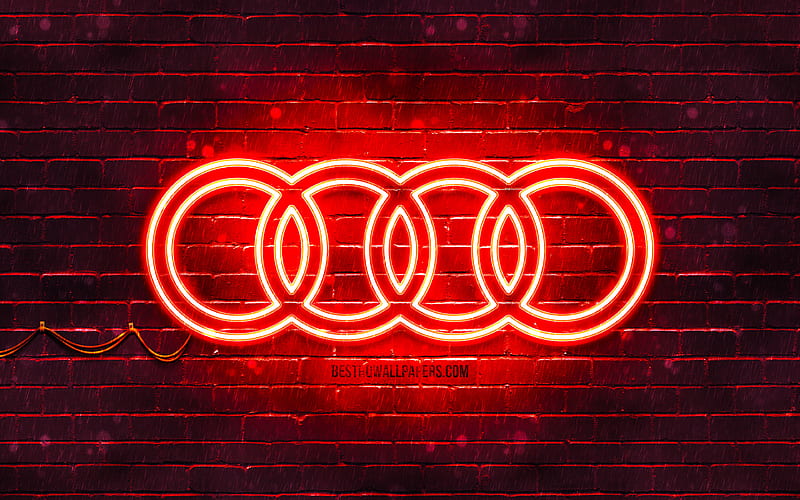Audi red logo red brickwall, Audi logo, cars brands, Audi neon logo, Audi, HD wallpaper
