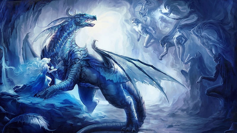 Blue Dragon, digital, art, girl, reptile, HD wallpaper