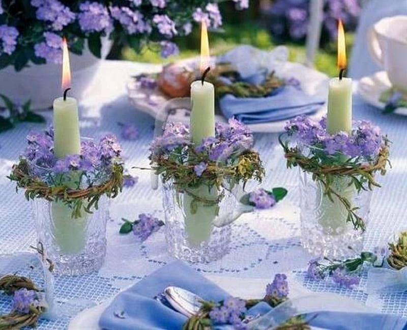 garden tea party with candles, garden, still life, candles, tea party, HD wallpaper