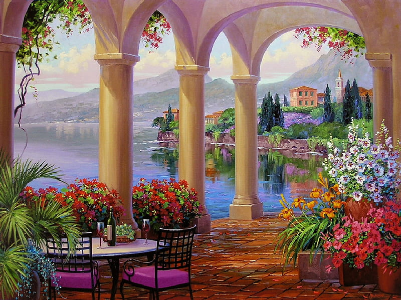 Essence of Romance, pillars, table, mediterranean, painting, flowers, chair, artwork, sea, HD wallpaper
