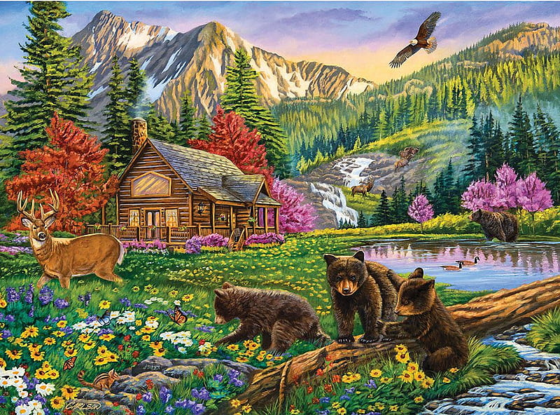 Mountain Hideaway, eagle, flowers, cabin, bears, trees, deer, ducks, artwork, pond, mountains, painting, HD wallpaper