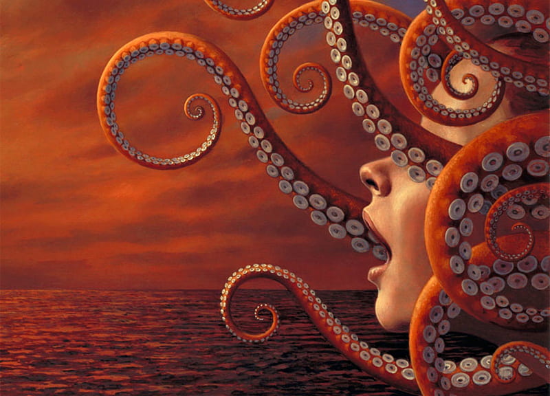 Goddess of Yesterday, art, tristan elwell, luminos, orange, fantasy, girl, octopuss, face, HD wallpaper