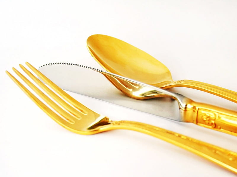 Golden untensils, gold, spoon, utensils, fork, knife, HD wallpaper