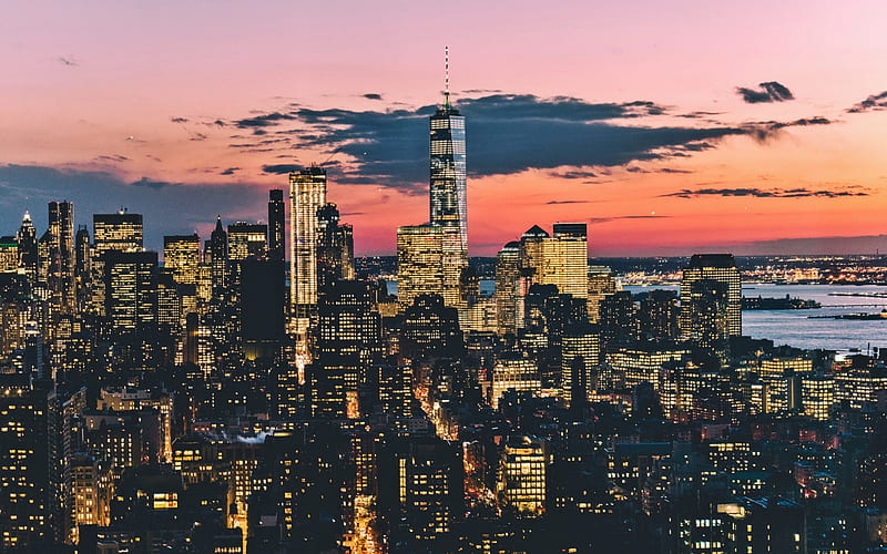 New York, Manhattan, American city, sunset, skyscrapers, World Trade Center 1, cityscape, NYC, USA, HD wallpaper