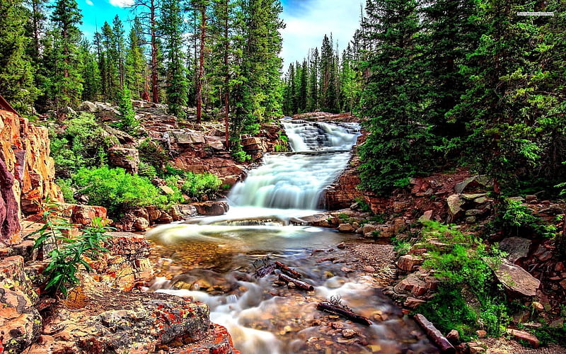 waterfall, mountain, forest, river, rocks, HD wallpaper