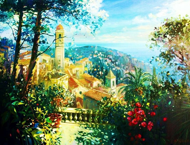 Mediterranean Town, hills, tower, houses, painting, flowers, trees, artwork, HD wallpaper