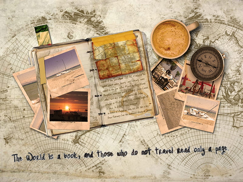 traveler, world, coffe, compas, polaroid, brush, flag, HD wallpaper