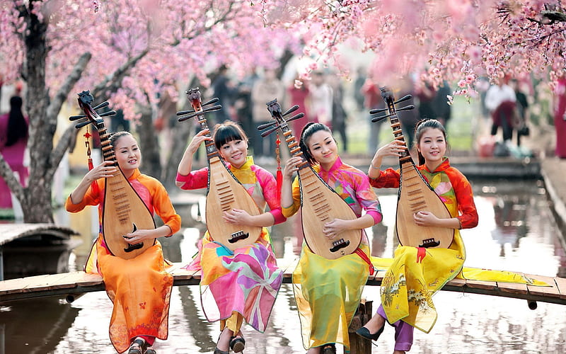 japanese girls playing biwa, bench, tree, biwa, girl, HD wallpaper