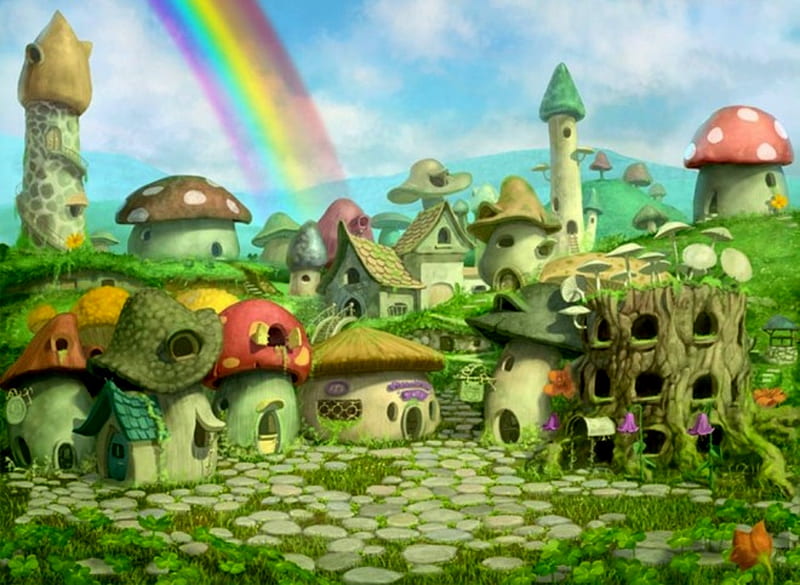 Leprechaun Village, Rainbow, Murshmoon, Village, Legrechaun, HD wallpaper