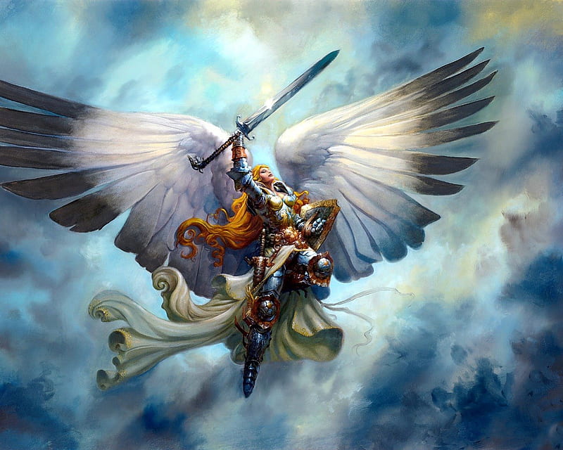 The sword to the victorious, colorful, wings, lovely, angel, lord, bonito, magic, girl, heaven, beauty, color, sword, HD wallpaper