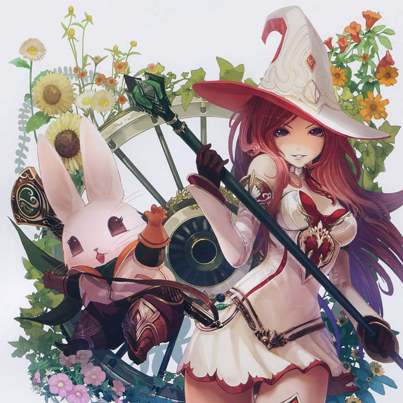 White Bunny, staff, pretty, redhead, cg, adorable, sweet, floral, nice, anime, beauty, anime girl, weapon, realistic, long hair, lovely, sexy, cute, awesome, maiden, witch, splendid, blossom, hot, gorgeous, female, rabbit, wand, rod, red hair, ebautiful, kawaii, girl, flower, bunny, lady, HD wallpaper