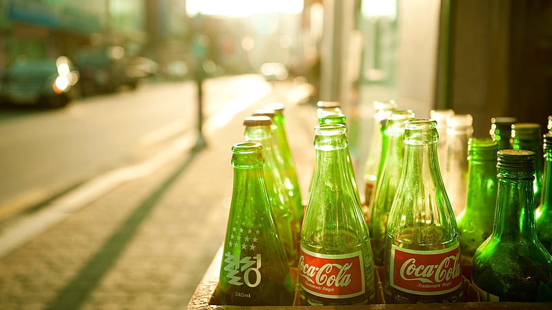green coca cola bottles, bokeh, street, Food, HD wallpaper