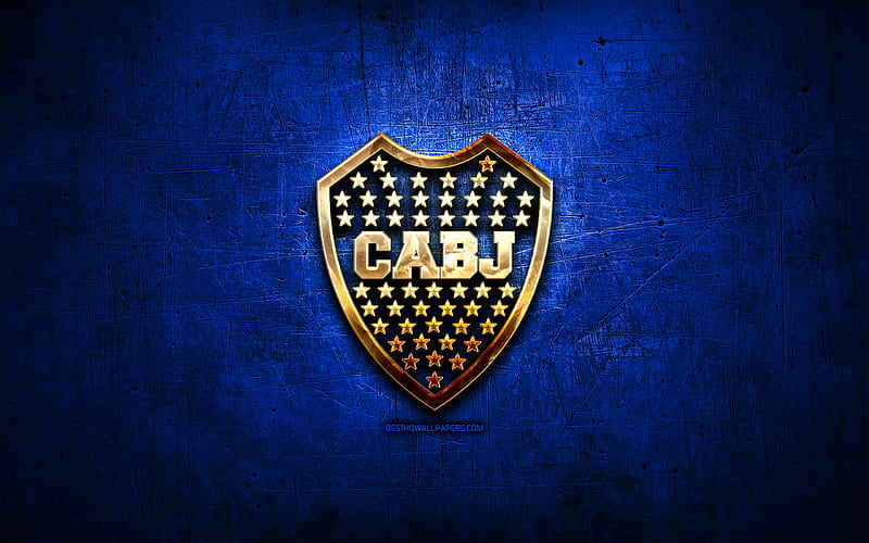 Boca Juniors FC, golden logo, Argentine Primera Division, blue abstract background, soccer, Argentinian football club, Boca Juniors logo, football, CA Boca Juniors, CABJ, Argentina, HD wallpaper