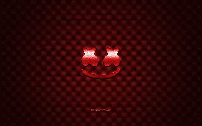 Marshmello logo, red shiny logo, Marshmello metal emblem, American DJ, Christopher Comstock, red carbon fiber texture, Marshmello, brands, creative art, HD wallpaper