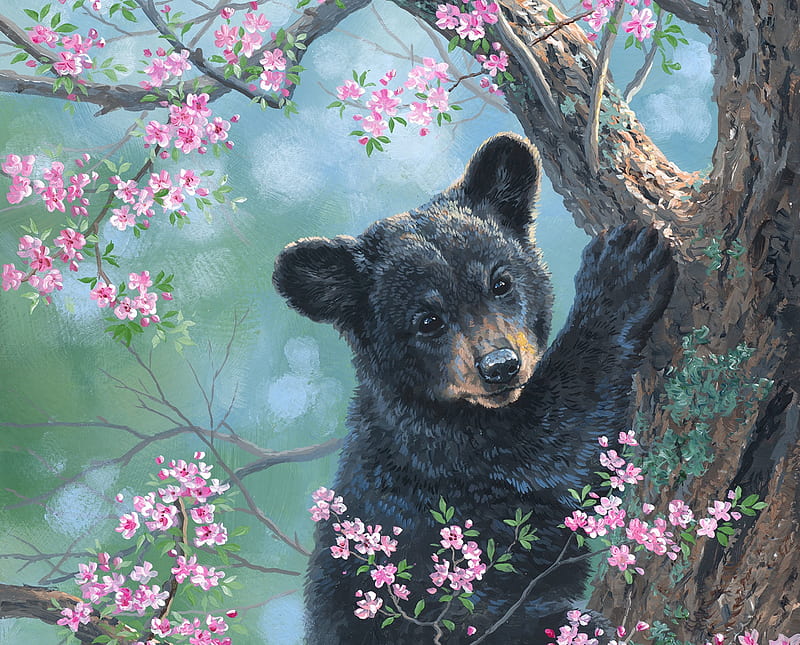 Spring is in the air, tree, flower, abraham hunter, bear, cub, spring, pink, art, painting, pictura, HD wallpaper