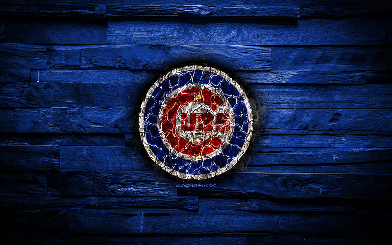 Chicago Cubs scorched logo, MLB, blue wooden background, american baseball team, grunge, baseball, Chicago Cubs logo, fire texture, USA, HD wallpaper