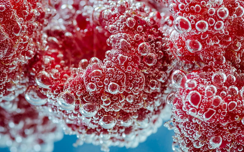 Raspberries, fruit, red, water, texture, bubbles, raspberry, skin, blue, HD wallpaper