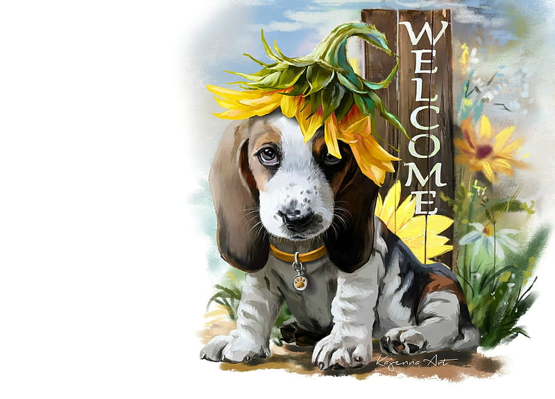 Sunflower, cute, art, lorri kajenna, caine, yellow, puppy, dog, HD wallpaper