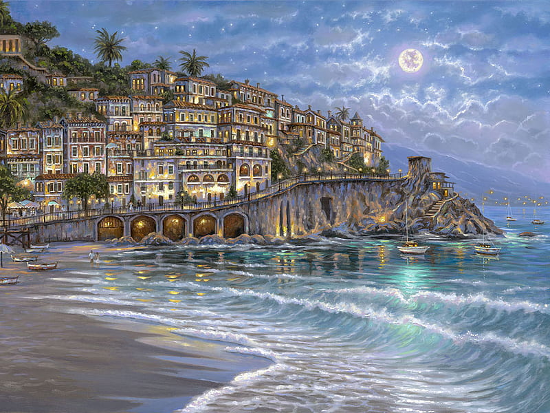 Robert_Finale_art_paintings_StarryNight, robert finale, art, moon, paing, sea, night, HD wallpaper