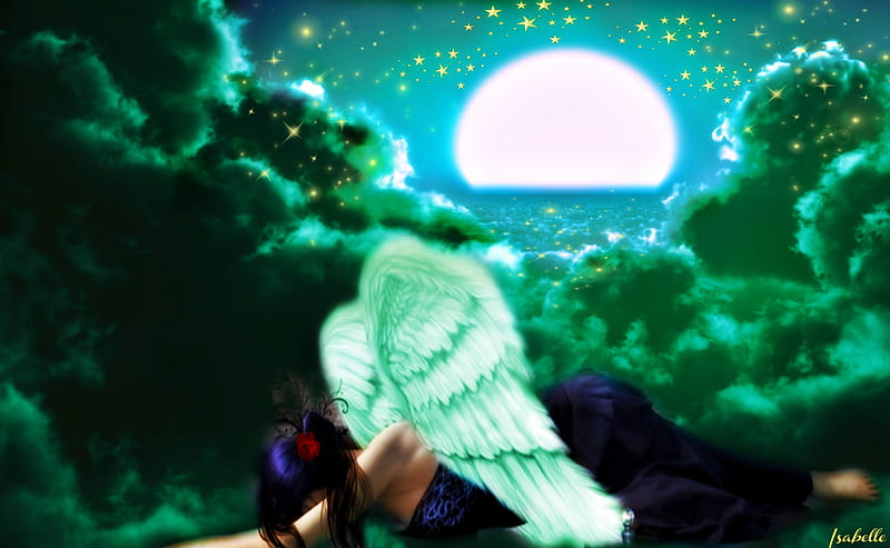 1920x1080px 1080p Free Download An Angel Cries Stars Heaven Moon Angel Sky Clouds