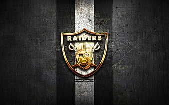 Oakland Raiders, golden logo, NFL, black metal background, american football club, Oakland Raiders logo, american football, USA, HD wallpaper