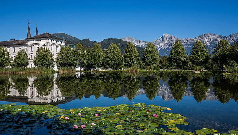 Mountain, Reflection, Austria, Alps, River, Monastery, Abbey, Religious, HD wallpaper