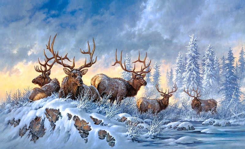 River crossing, snow, painting, river, creek, deers, frost, winter, art, ice, animals, HD wallpaper