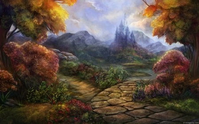 fantasy garden in autumn, painting, garden, fantasy, nature, autumn, HD wallpaper