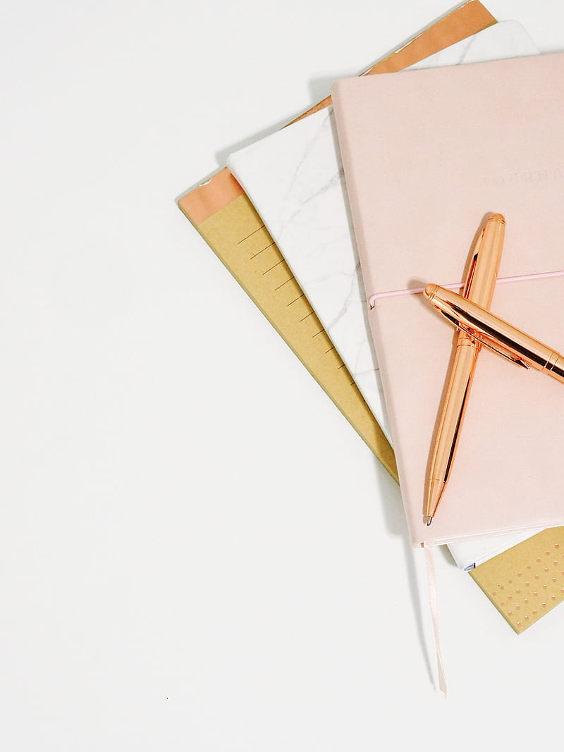 ballpoint pens on pink notebook, HD phone wallpaper