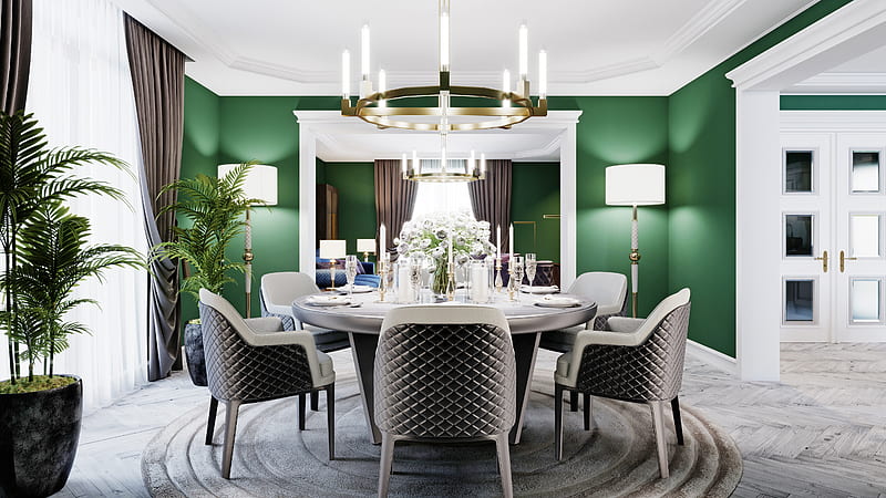 Green White Wall With Decorated Lights Chairs Table Room, HD wallpaper