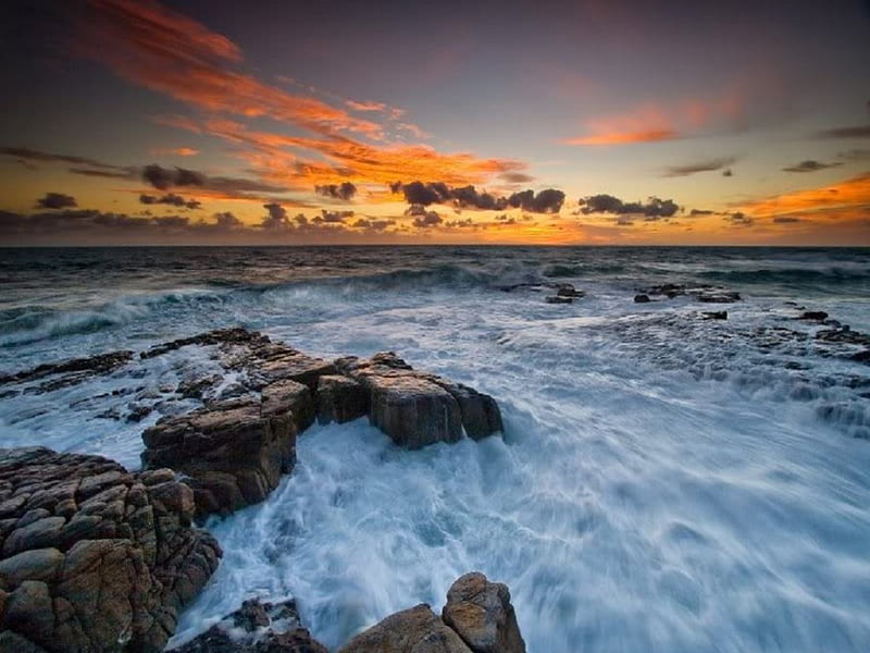 Ocean Sunset, rock, orange, ocean, sunset, sky, clouds, wave, tide ...