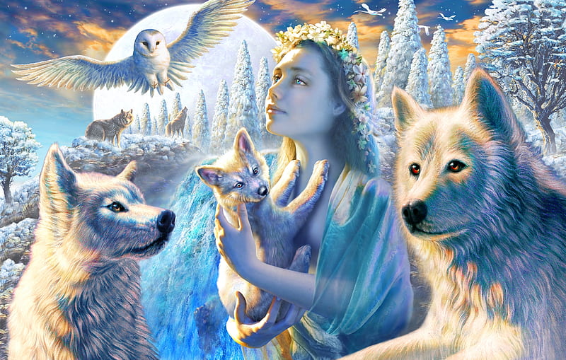 :), art, luminos, moon, iarna, winter, moon, fantasy, bufnita, girl, bird, adrian chesterman, lup, pasari, wolf, blue, HD wallpaper