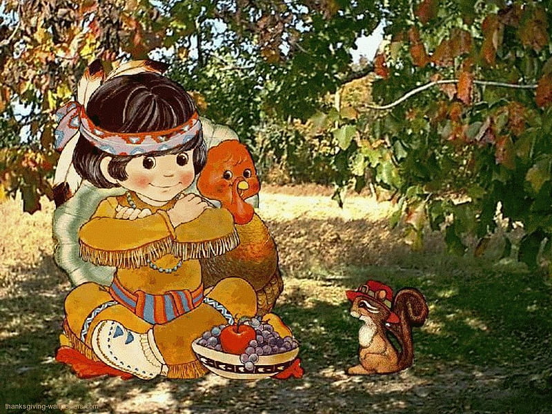 Indian thanksgiving, tree, squirrel, boy, holiday, food, thanksgiving, HD wallpaper